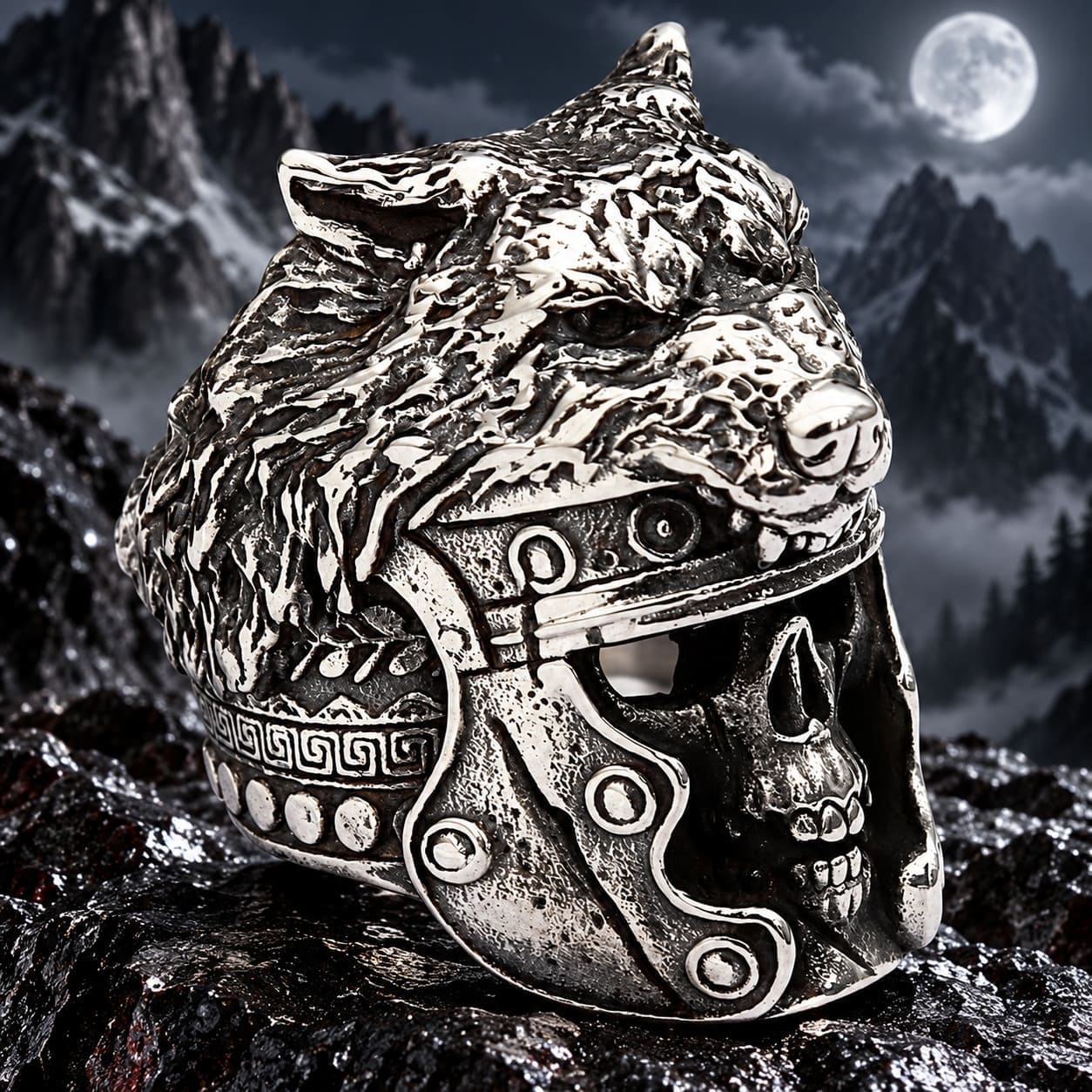 Bague Crane de Soldat Romain Surmonté d'une Tête de Loup