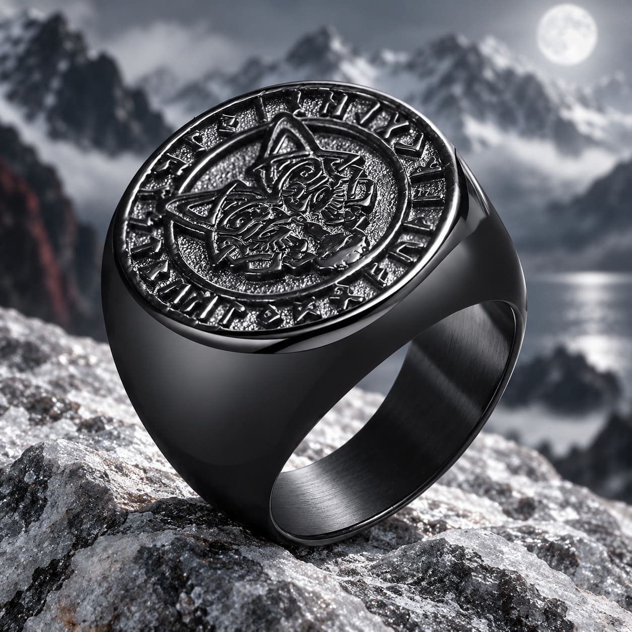 Bague Loup et Runes Vikings