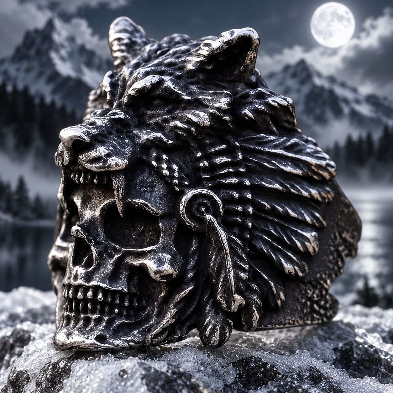 Bague Loup et Tête De Mort Indien