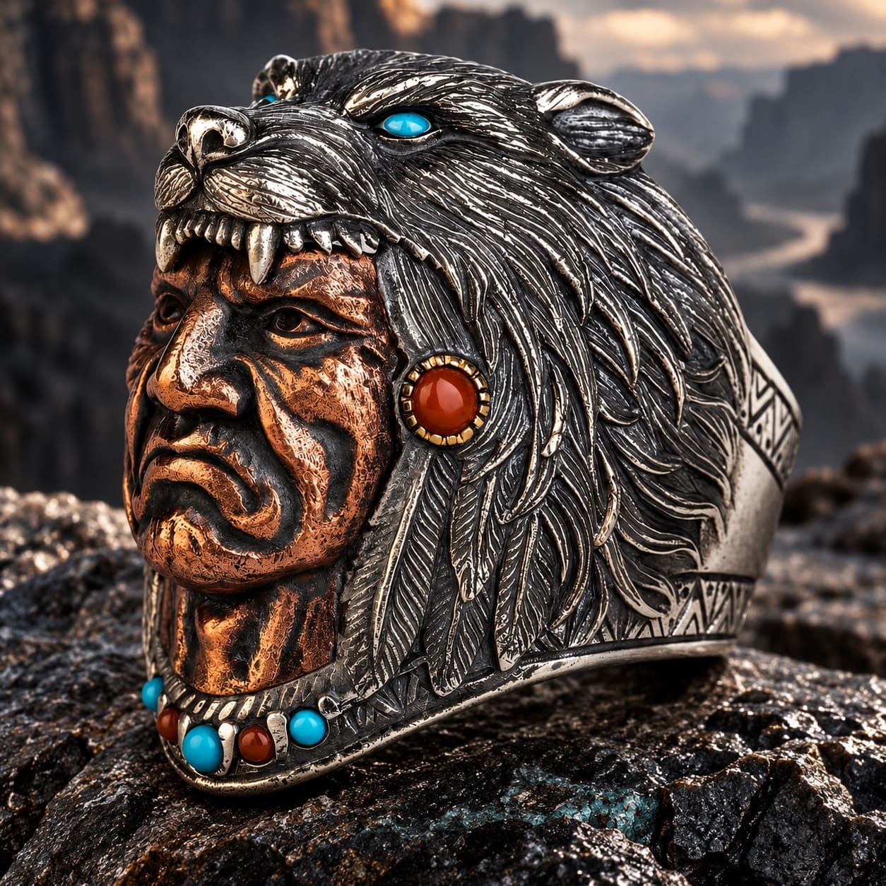 Bague Tête de Loup Chef Indien