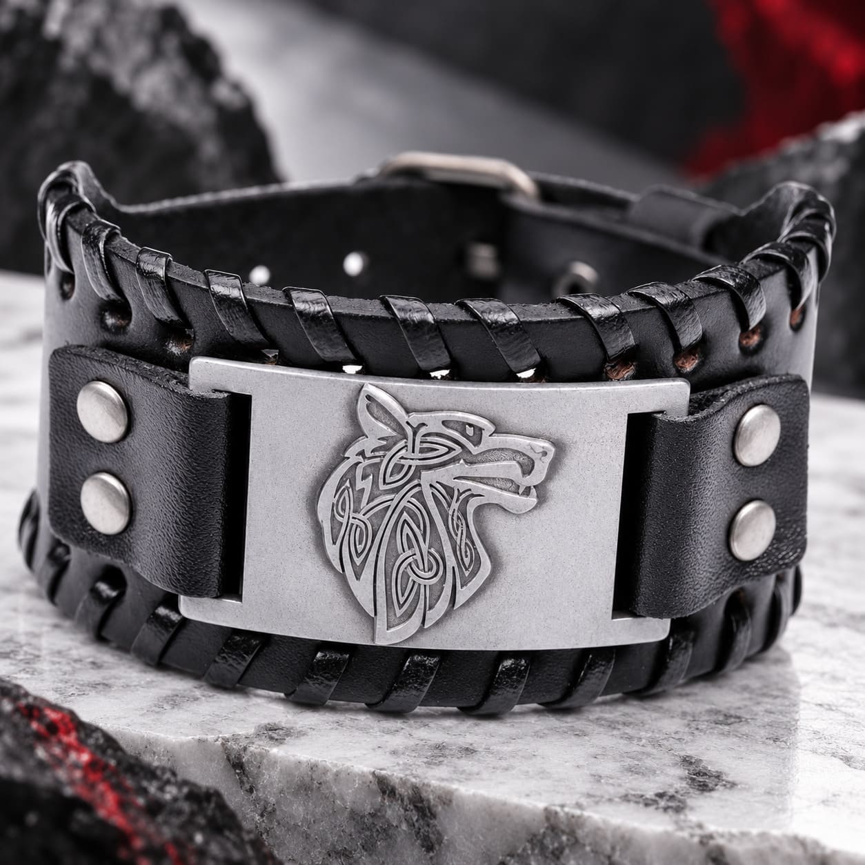 Bracelet Cuir Tête de Loup Nœuds Celtes