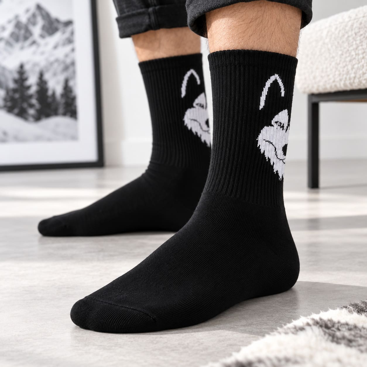 Chaussettes Noires - Tête de Loup Blanc