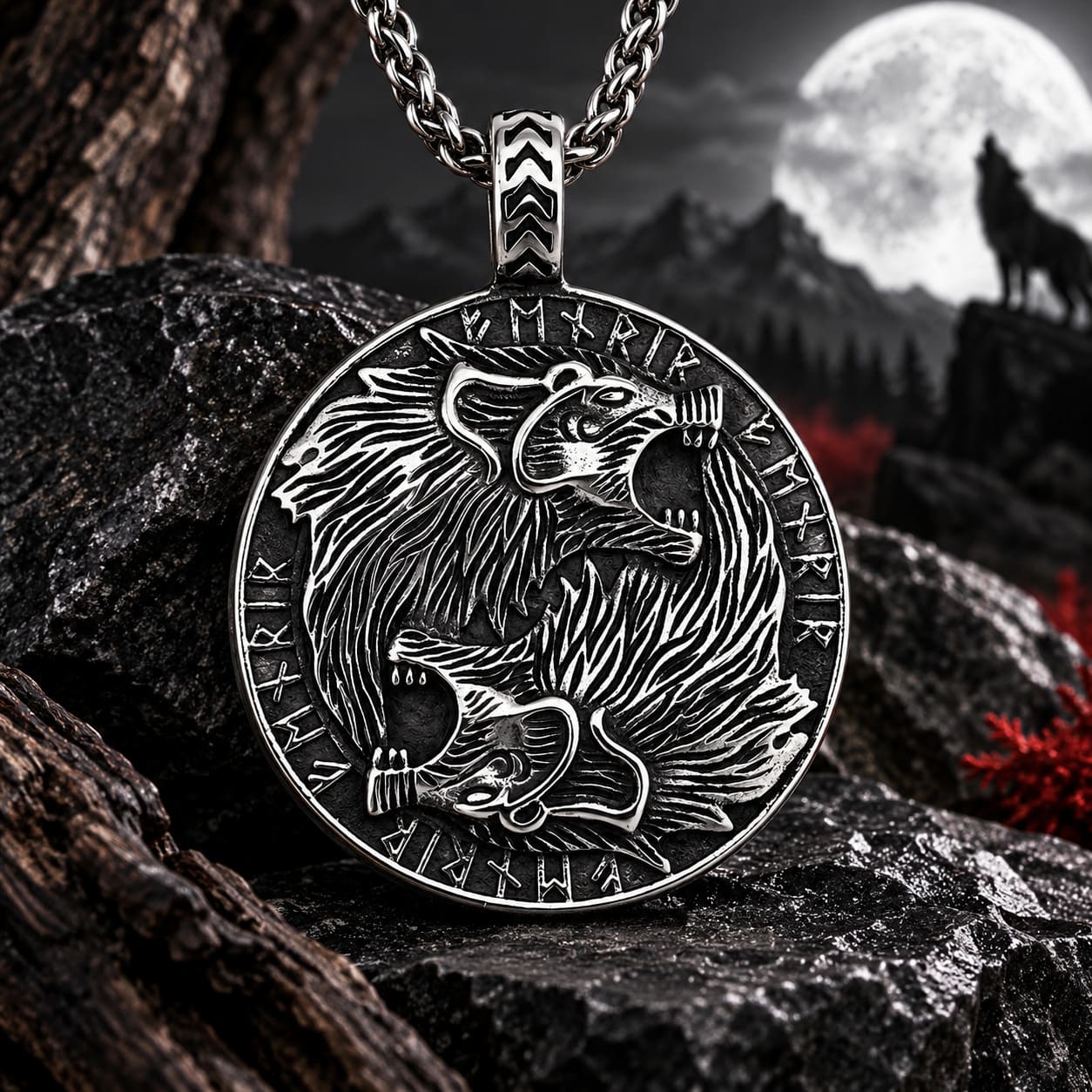 Collier Double Loup et Runes Nordiques