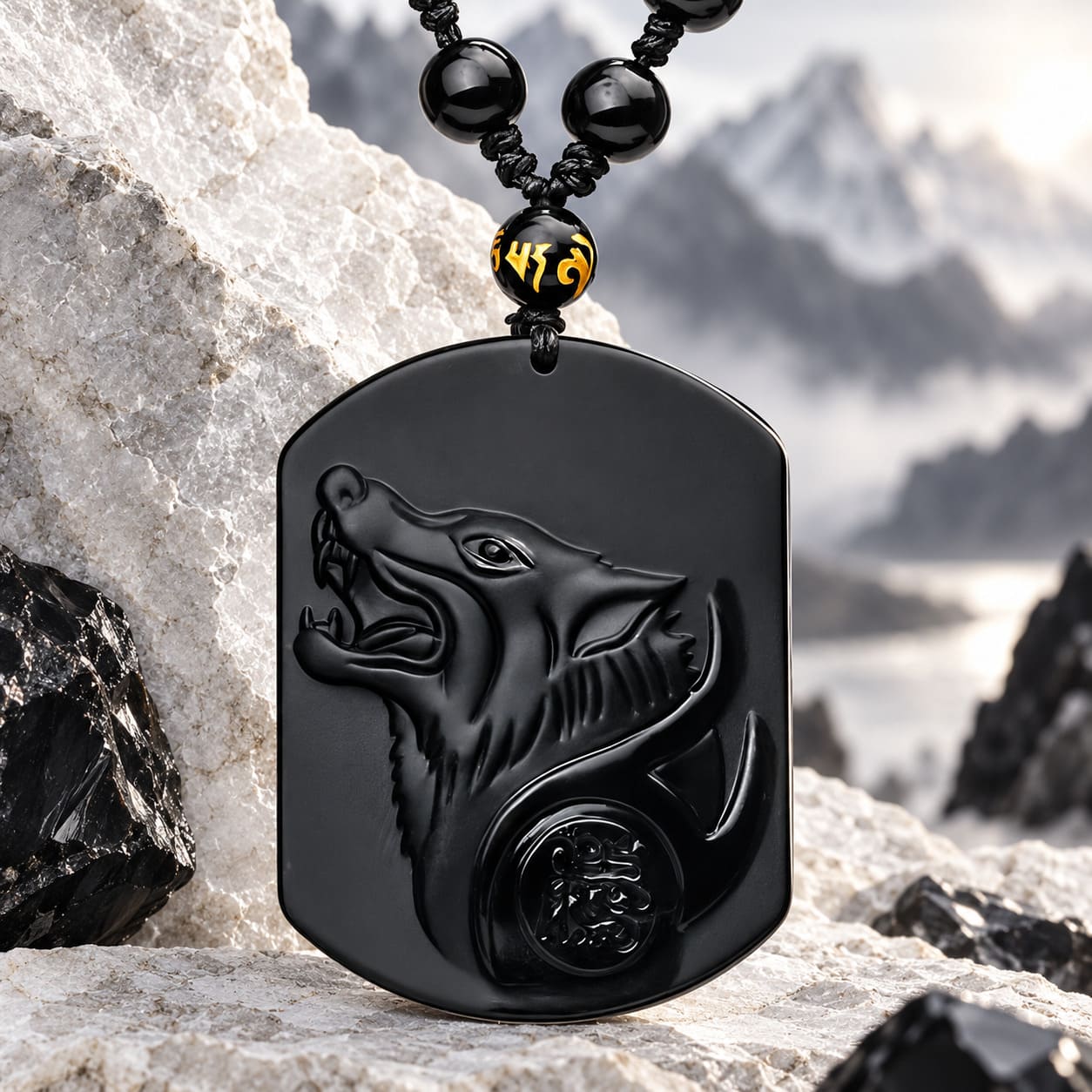 Collier Obsidienne Noire – Tête de Loup