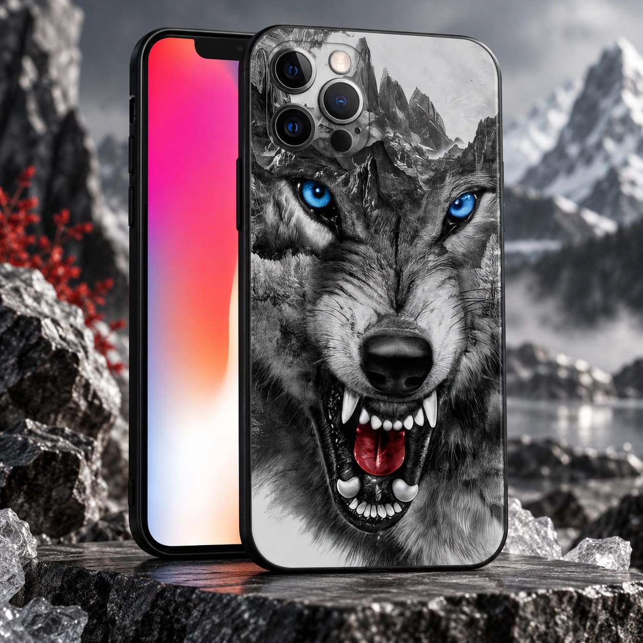 Coque Téléphone Abstrait – Tête de Loup et Paysage Sauvage