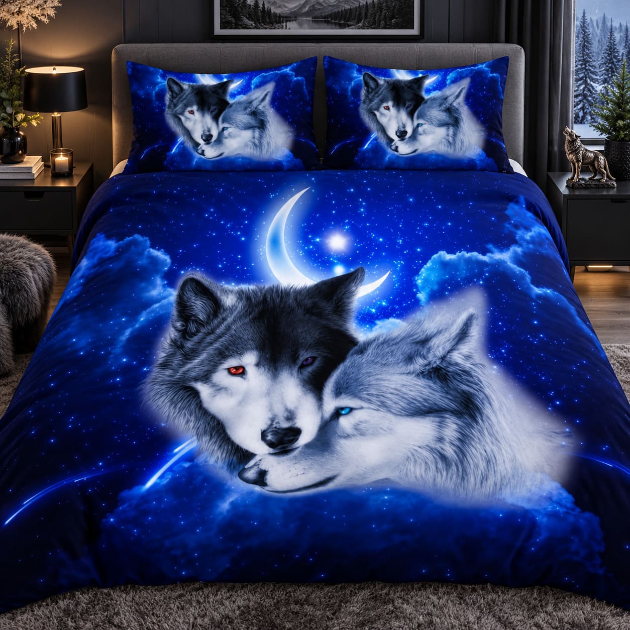 Housse de Couette Bleue - Loup au Clair de Lune