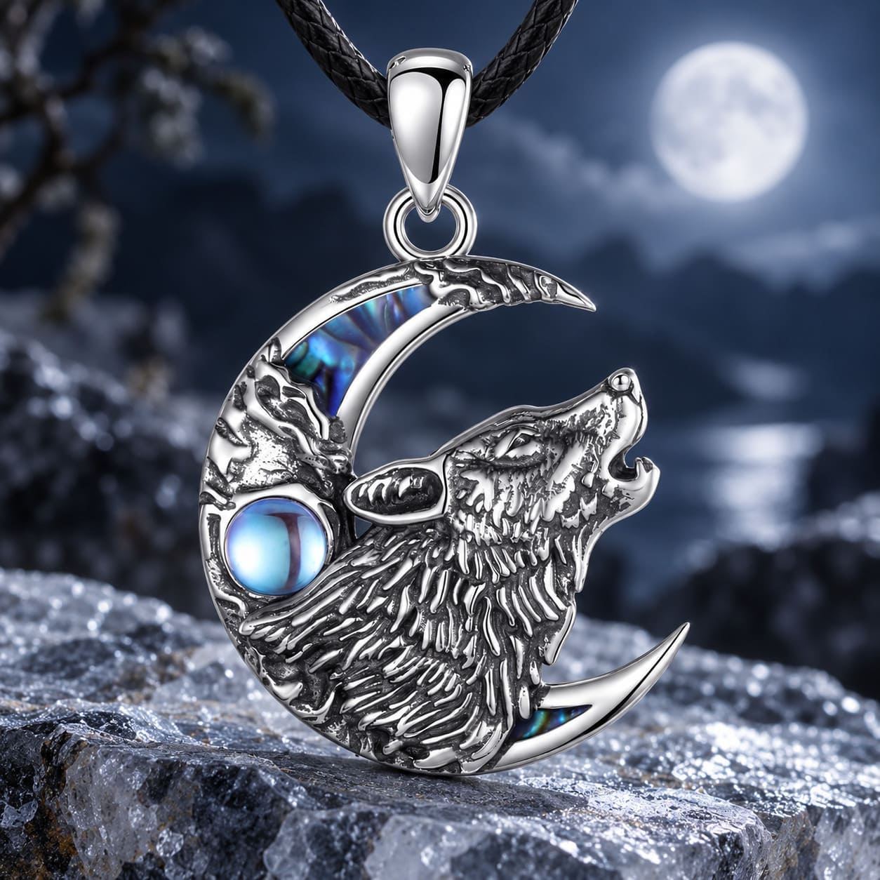 Pendentif Argent Femme – Tête de Loup et Croissant de Lune