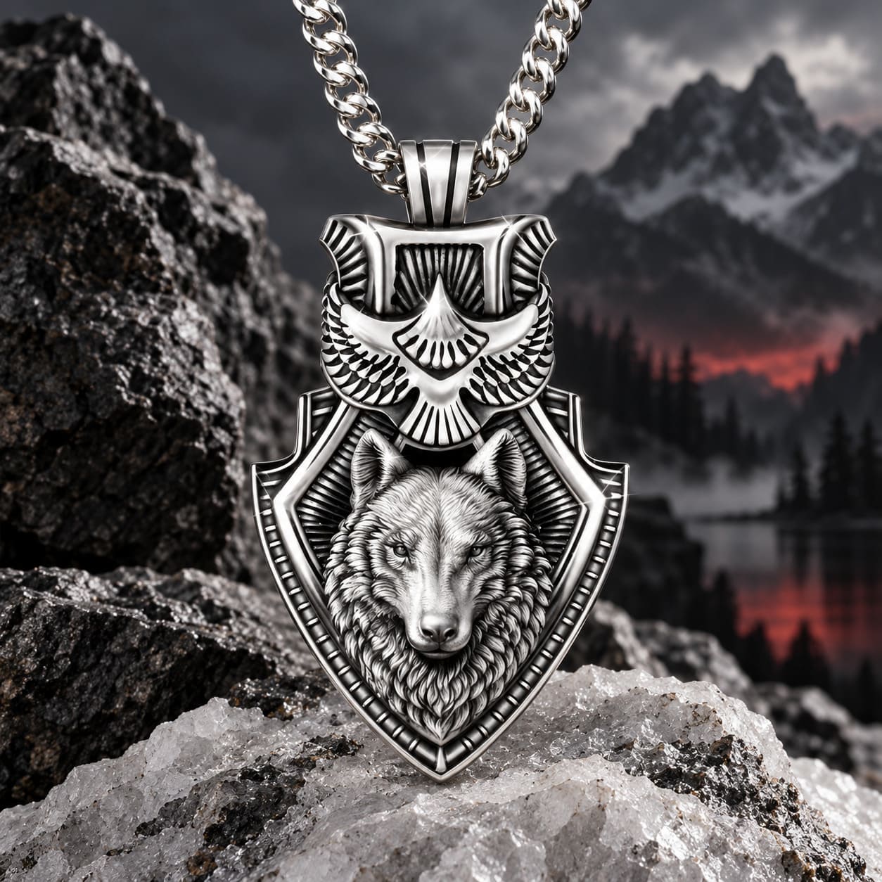 Pendentif Homme Tête de Loup et Aigle