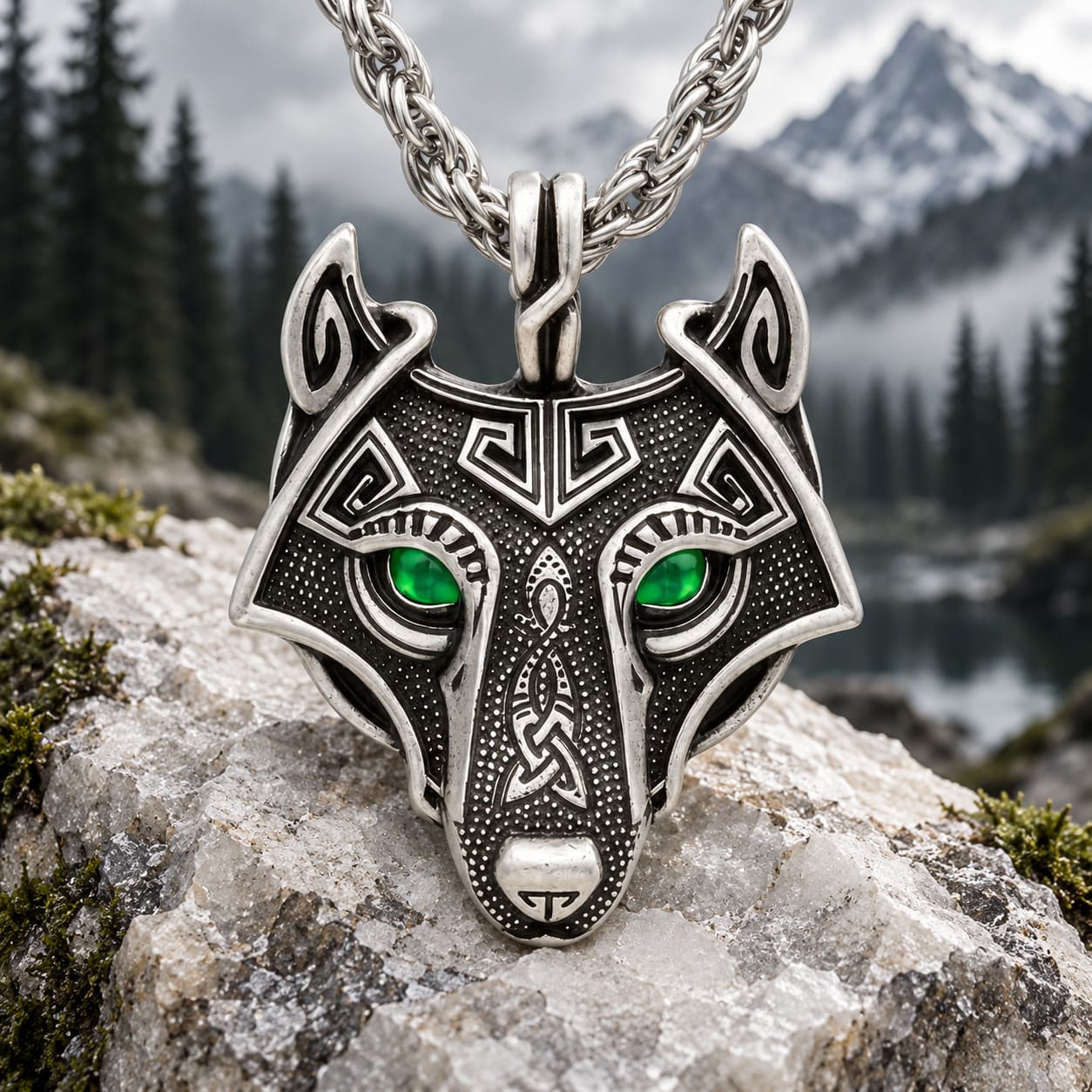Pendentif Tête de Loup Celtique – Yeux Incrustés