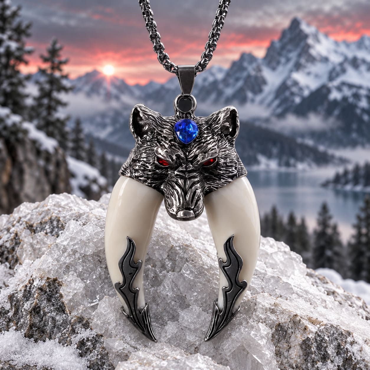 Pendentif Tête de Loup Double Dent