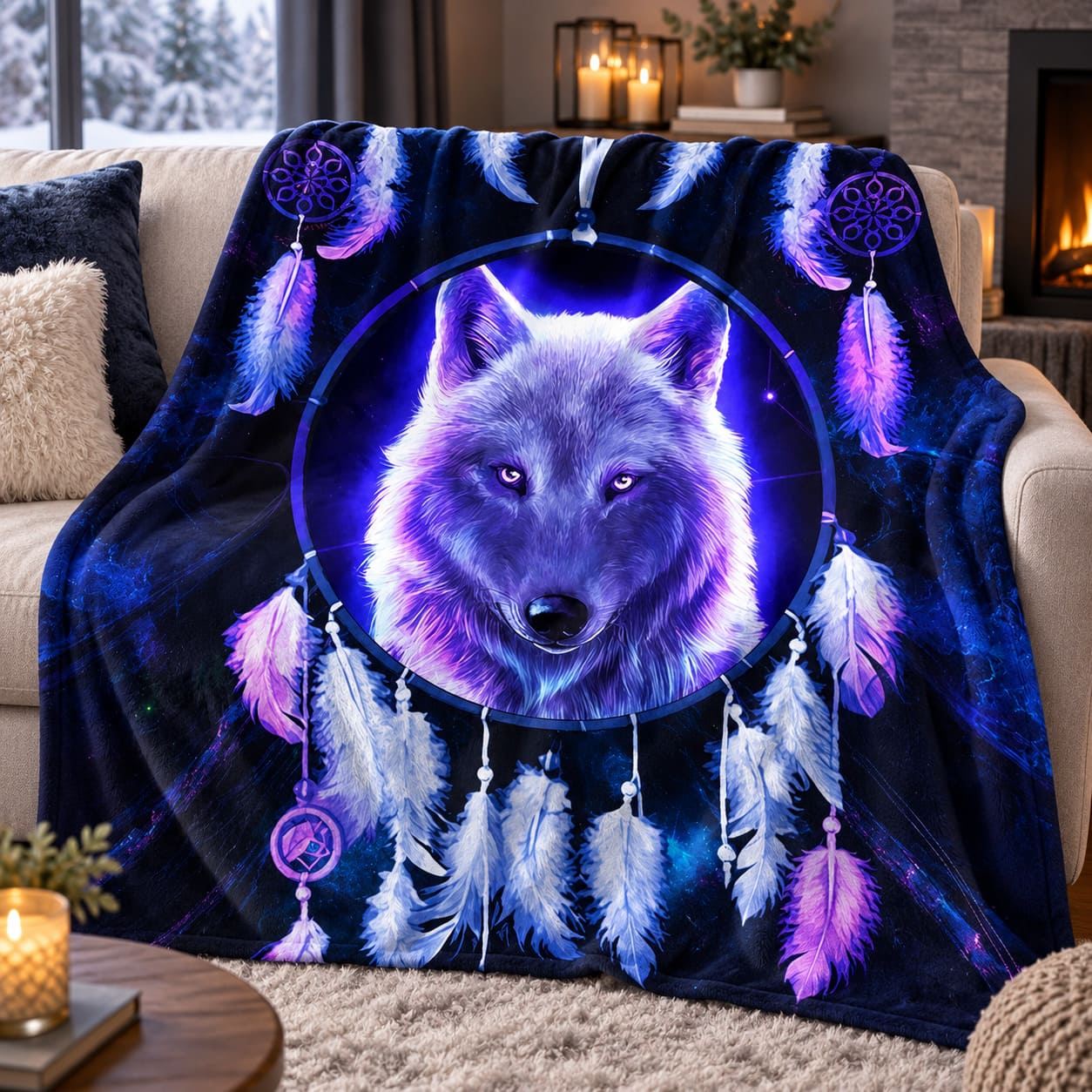 Plaid Tête de Loup Artistique – Attrape-Rêve Violet