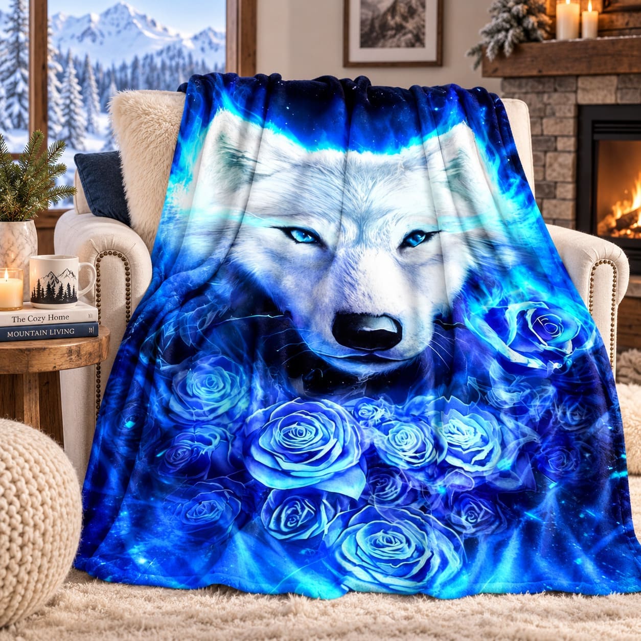 Plaid Tête de Loup – Fleurs Bleues