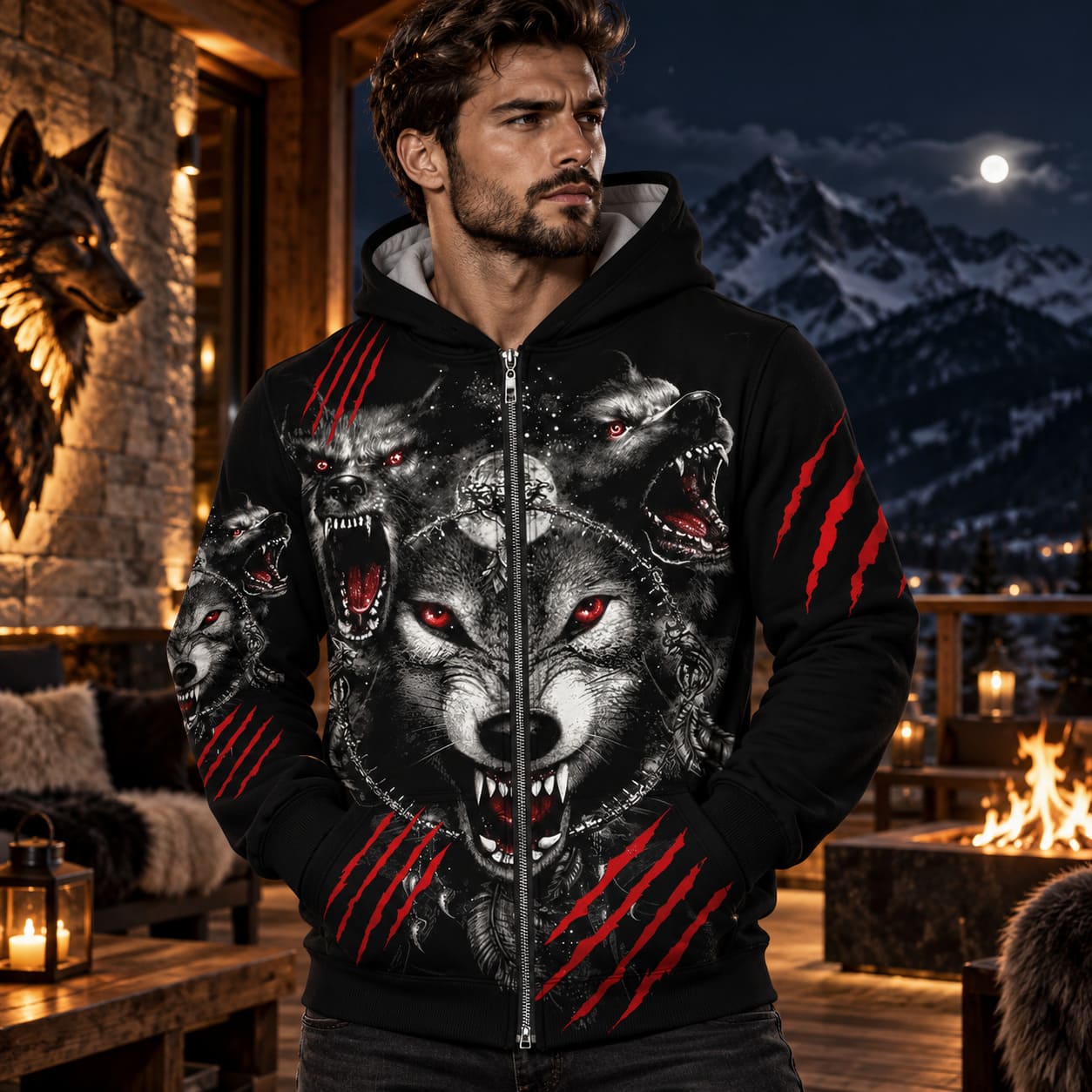 Pull Tête de Loup Garou Effrayant – Rouge et Noir