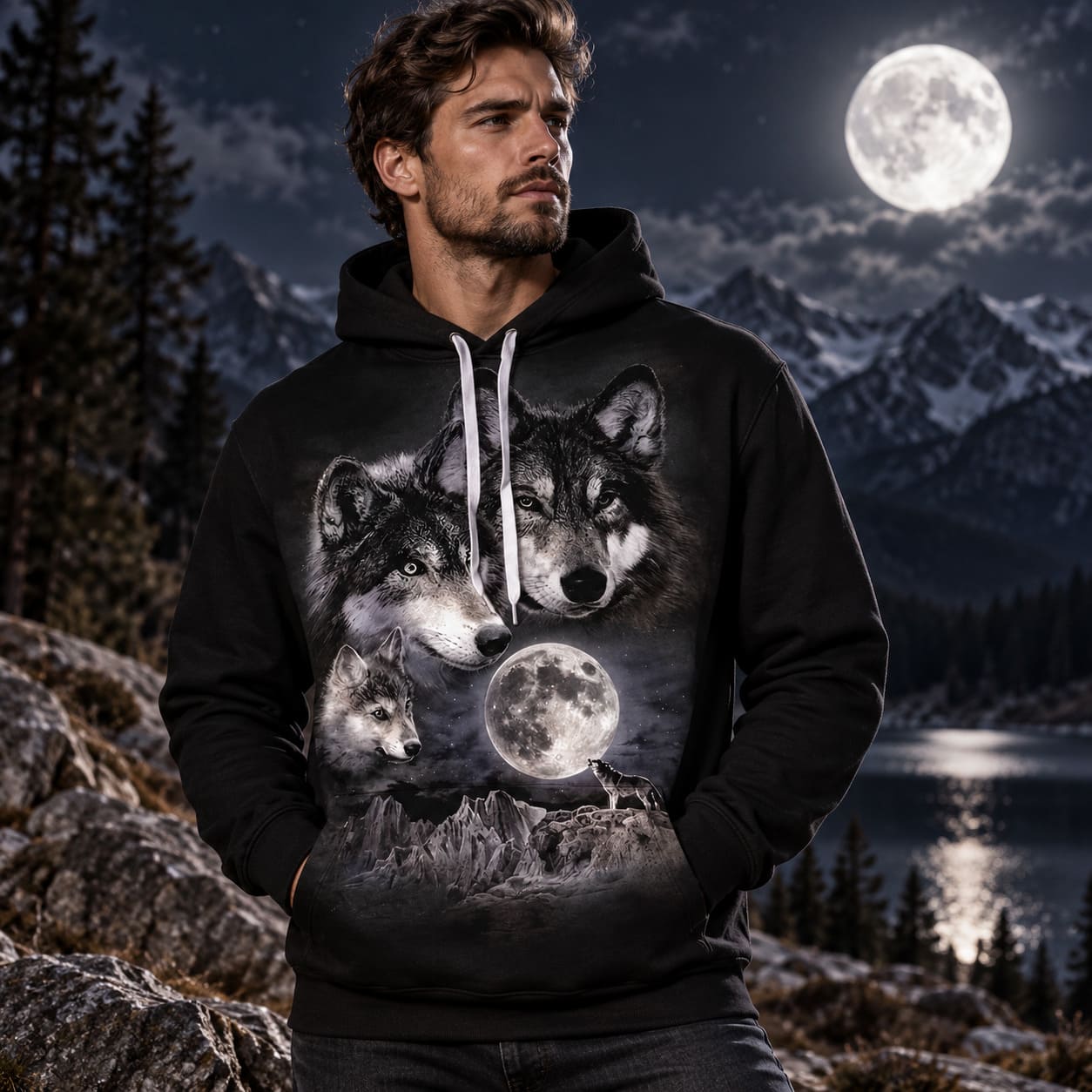 Sweat Noir - Têtes de Loups et Pleine Lune