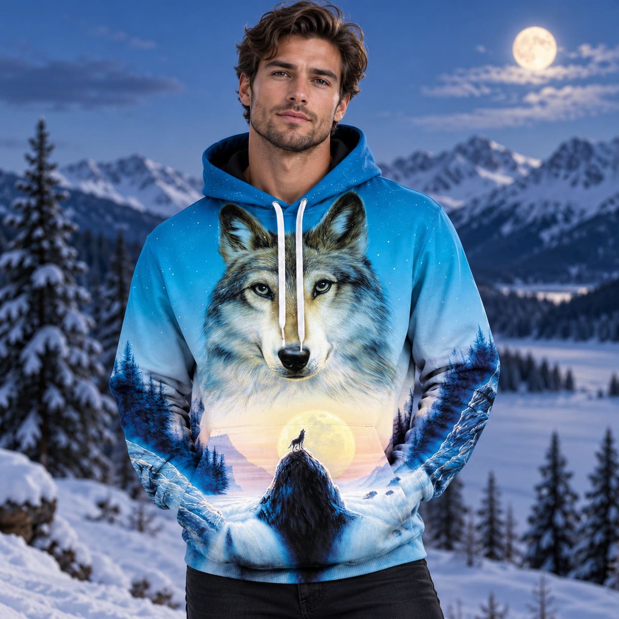 Sweat Shirt Tête de Loup - Fond Bleu Ciel