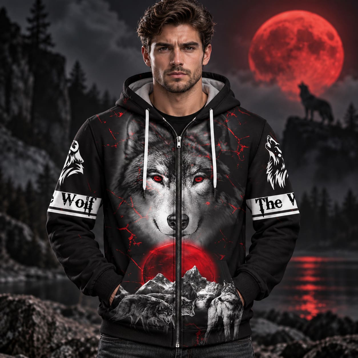 Sweat Tête de Loup Homme – Yeux Rouges sur Fond Noir