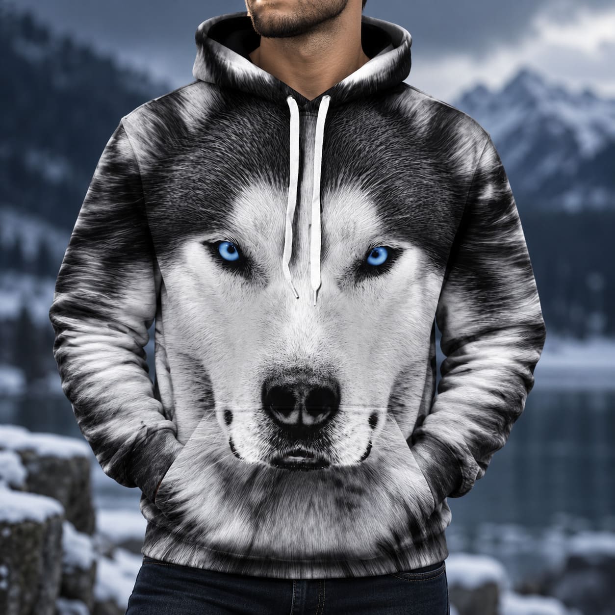 Sweat Tête de Loup Yeux Bleus