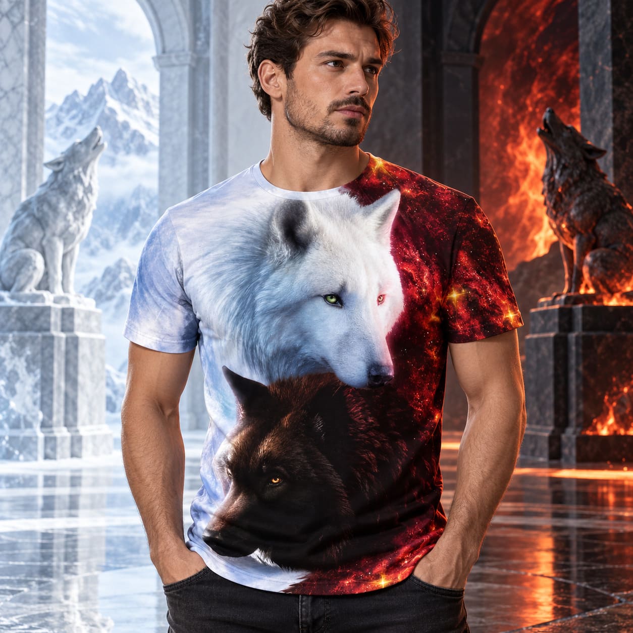 T-Shirt 2 Têtes de Loups Yin Yang