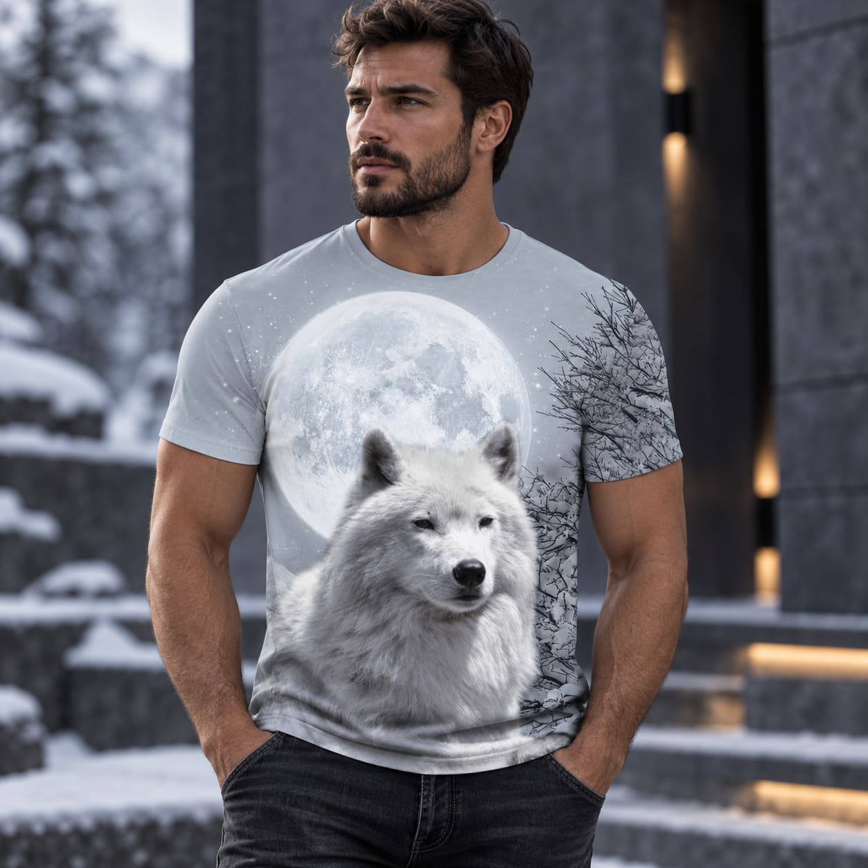 T-Shirt Loup Blanc et Pleine Lune