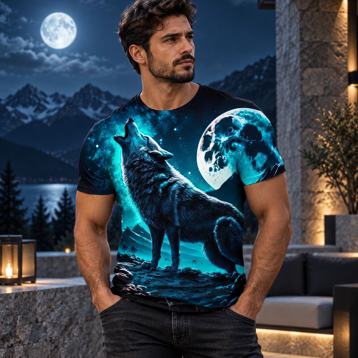 T-Shirt Loup Hurlant – Nuit Turquoise