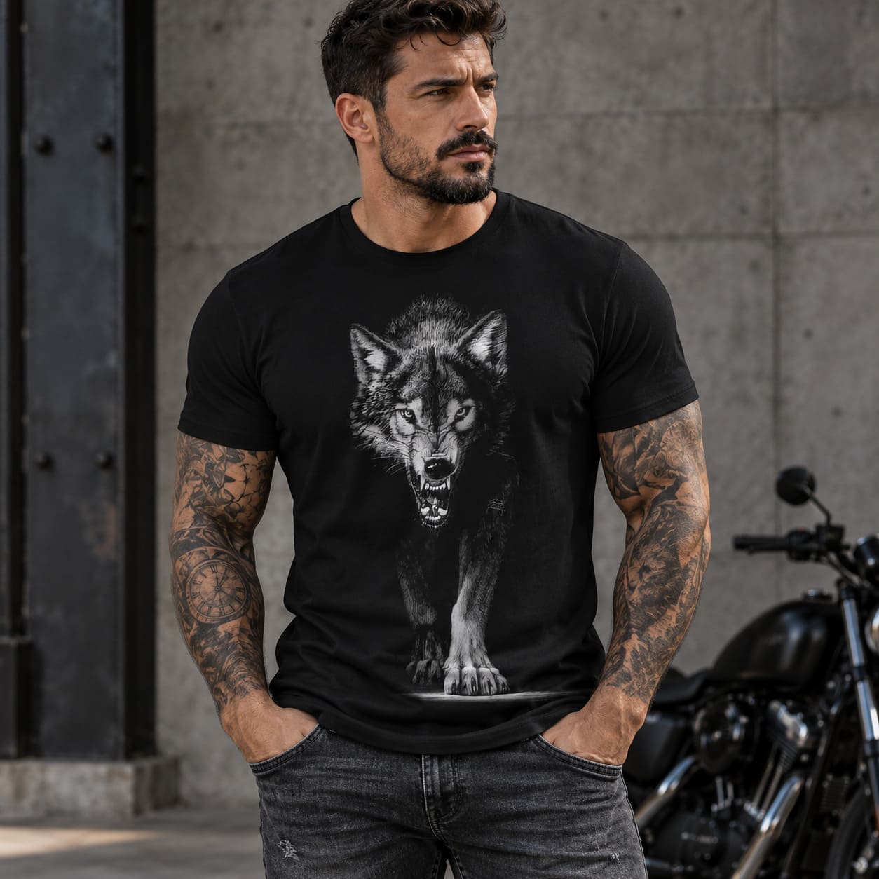 T-Shirt Noir – Loup Menaçant