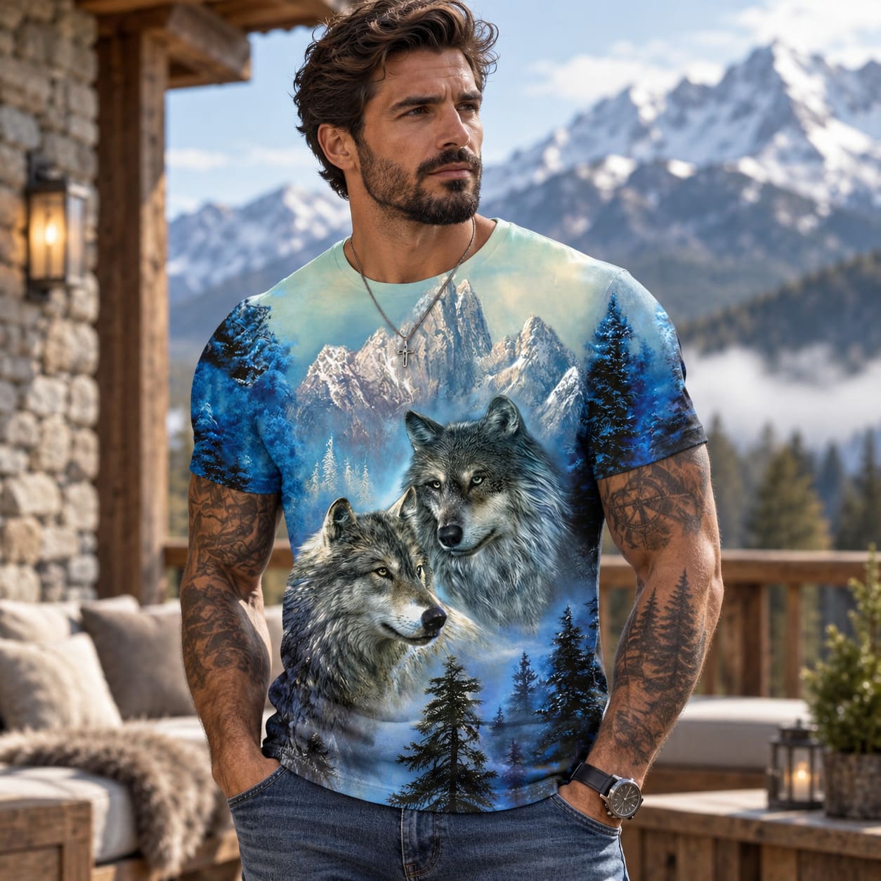 T-Shirt Têtes de Loups et Montagne