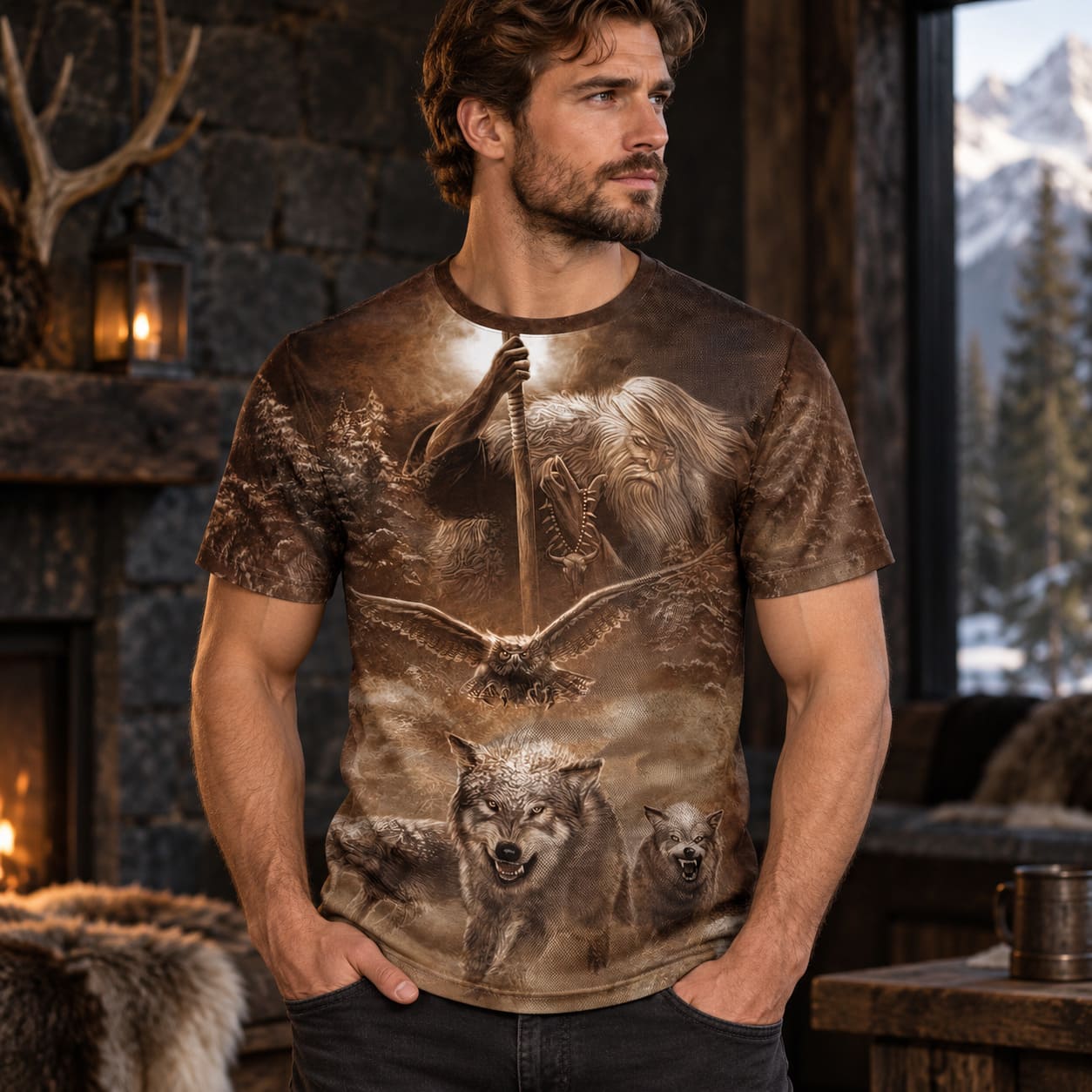 T-Shirt Vintage – Loups et Dieu Odin