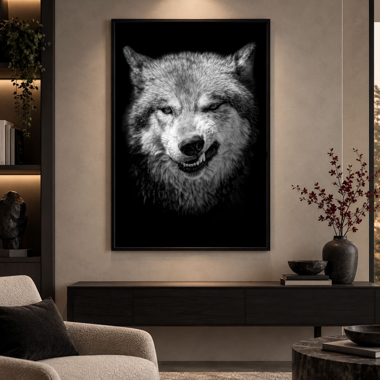 Tableau Noir et Blanc – Tête de Loup Féroce