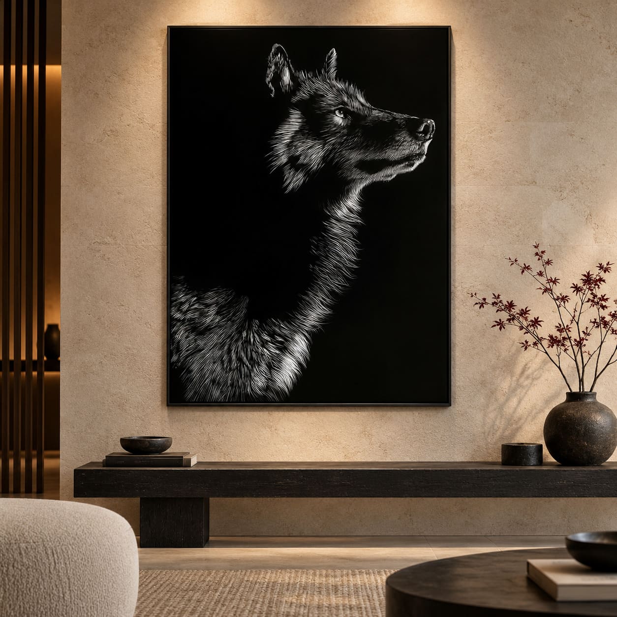 Tableau Tête de Loup Fond Noir