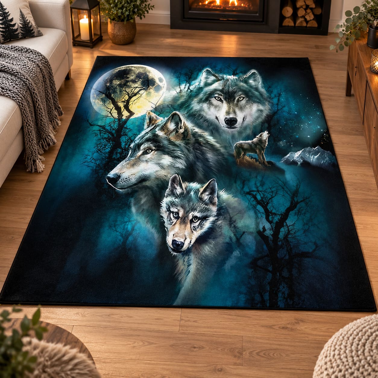 Tapis 3 Loups à la Pleine Lune