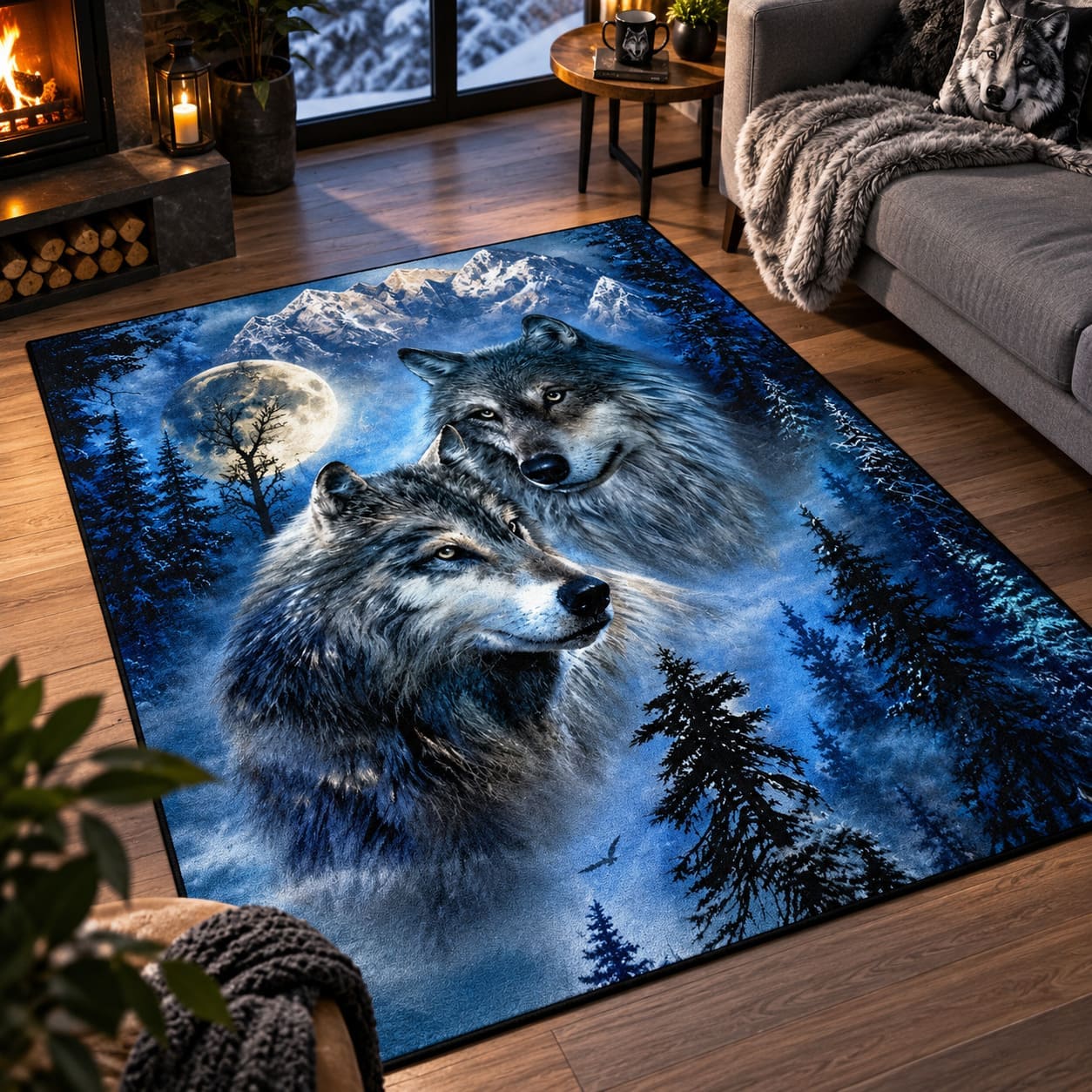 Tapis Bleu Abstrait - Loups et Foret