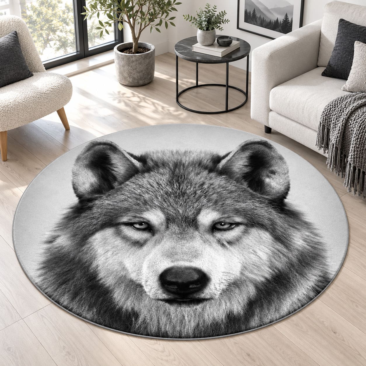 Tapis Rond Noir et Blanc – Tête de Loup