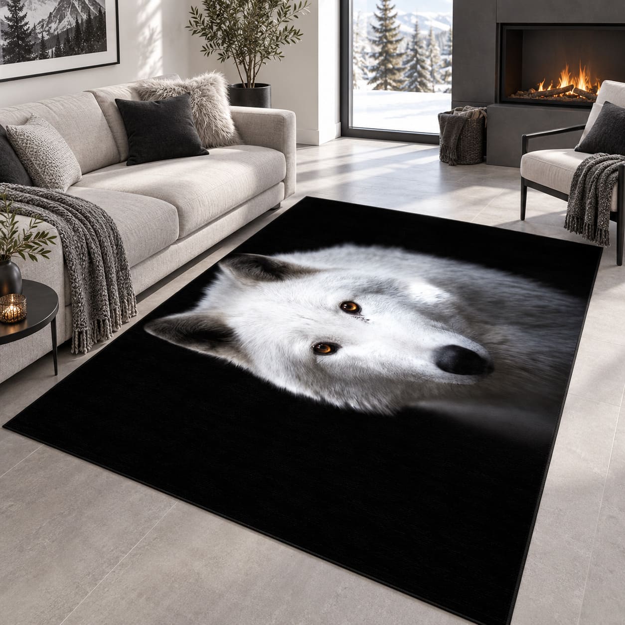 Tapis Tête de Loup Blanc - Fond Noir