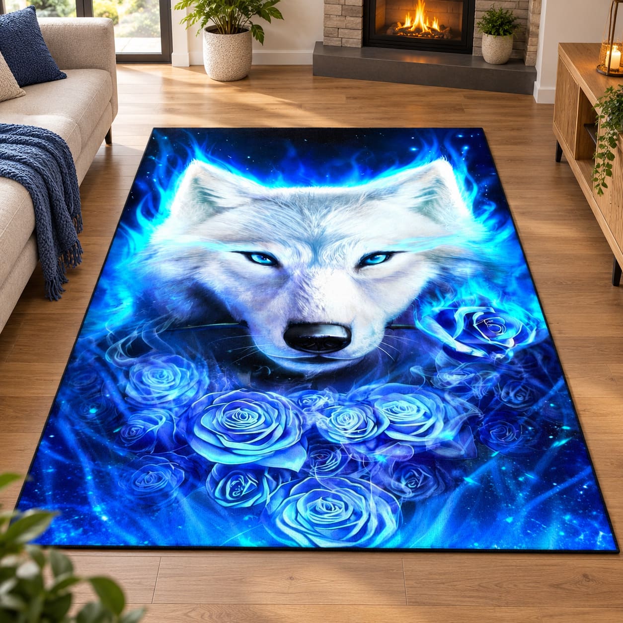 Tapis Tête de Loup - Œil, Fleurs et Flammes Bleues