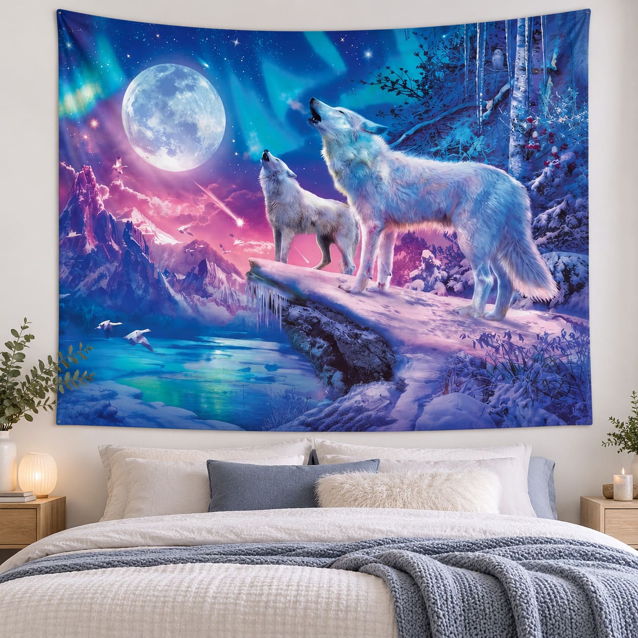 Tenture Couple de Loup qui Hurlent - Nuit Magique