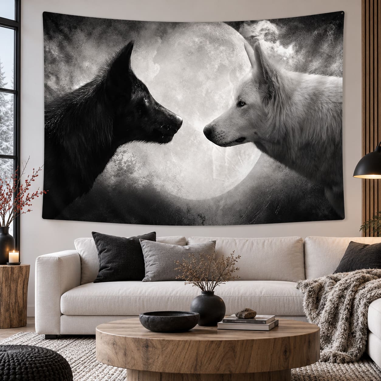 Tenture Couple de Loups Noir et Blanc - Pleine Lune