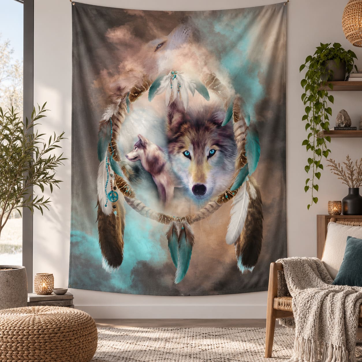 Tenture Loup Attrape-Rêve Amérindien
