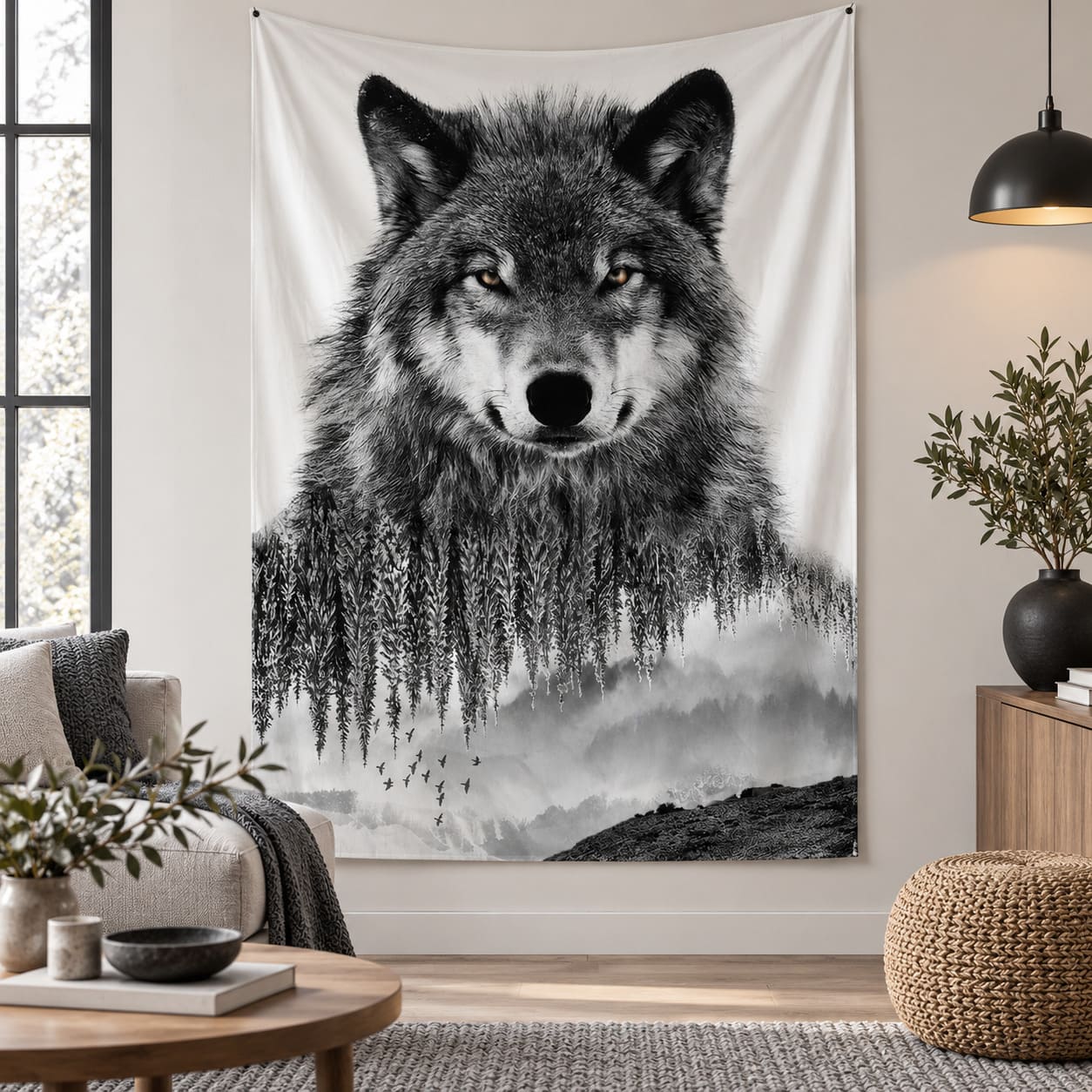 Tenture Tête de Loup Gris – Fond Blanc