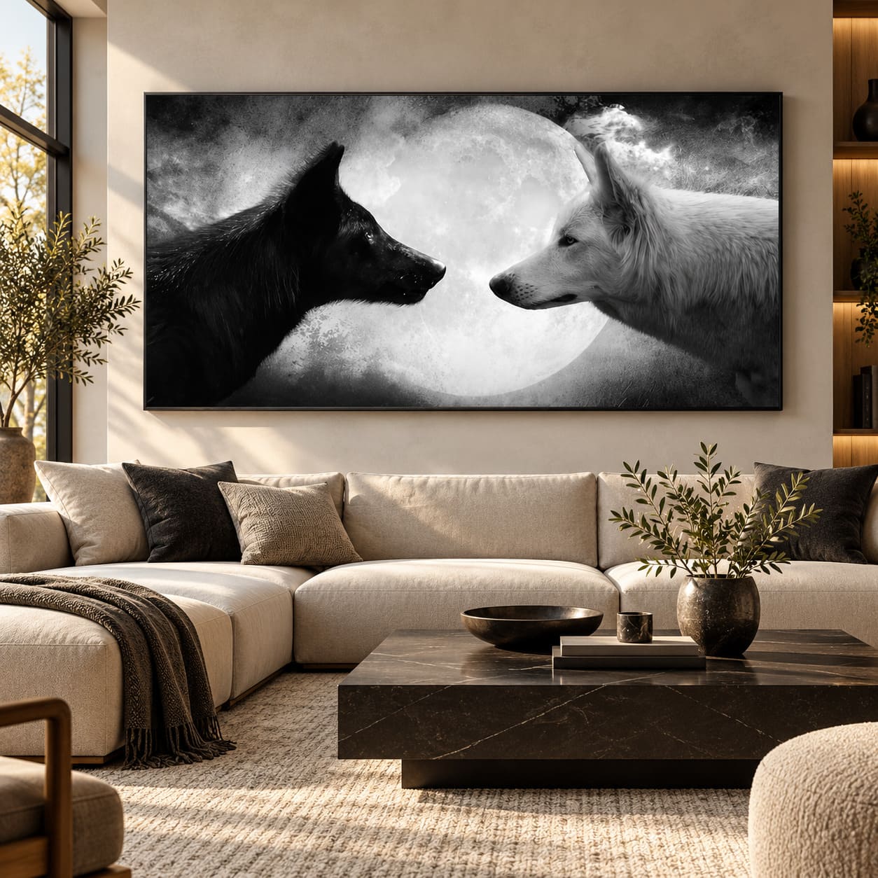 Toile Couple de Loup Noir Et Blanc – Pleine Lune