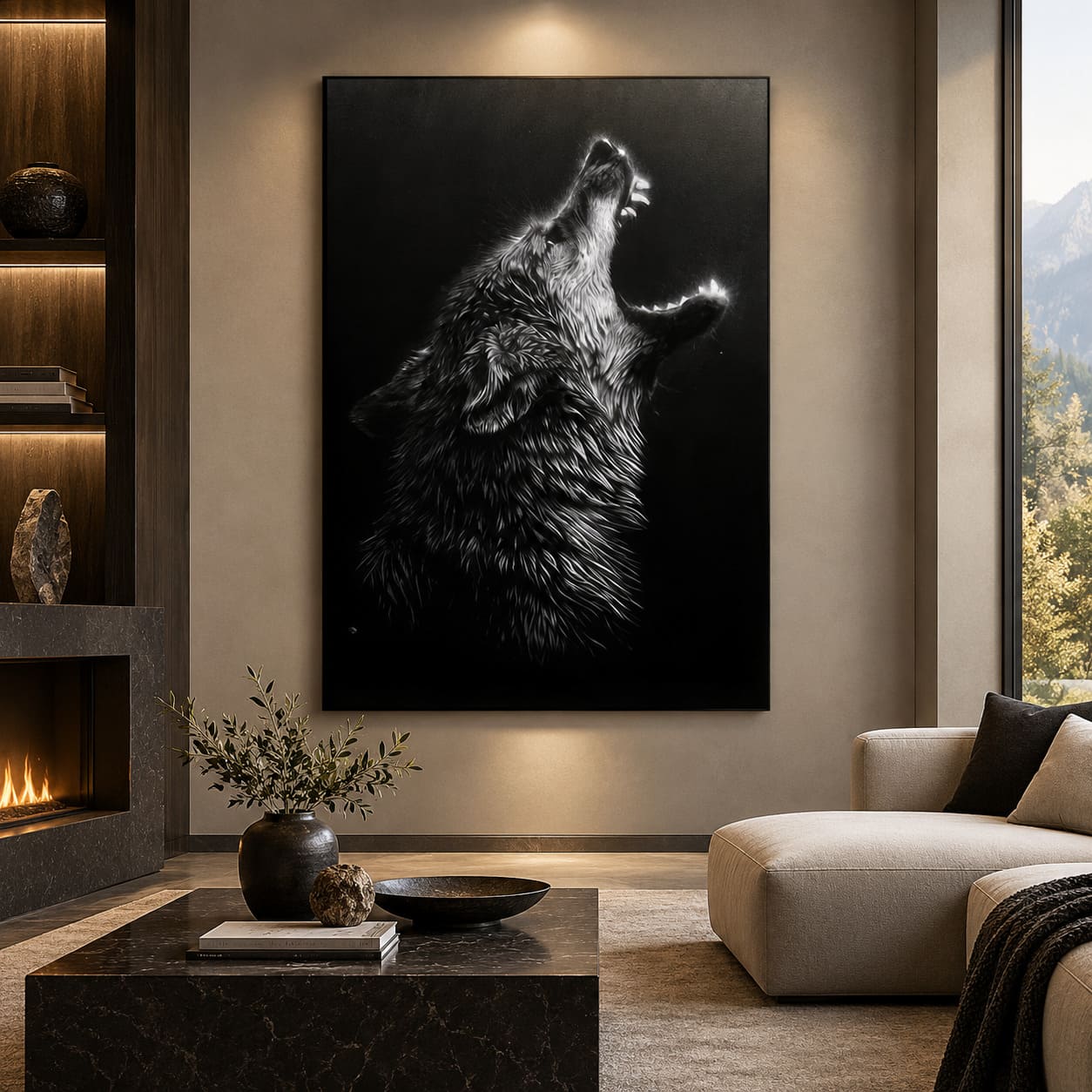 Toile Loup Féroce Qui Hurle – Fond Noir