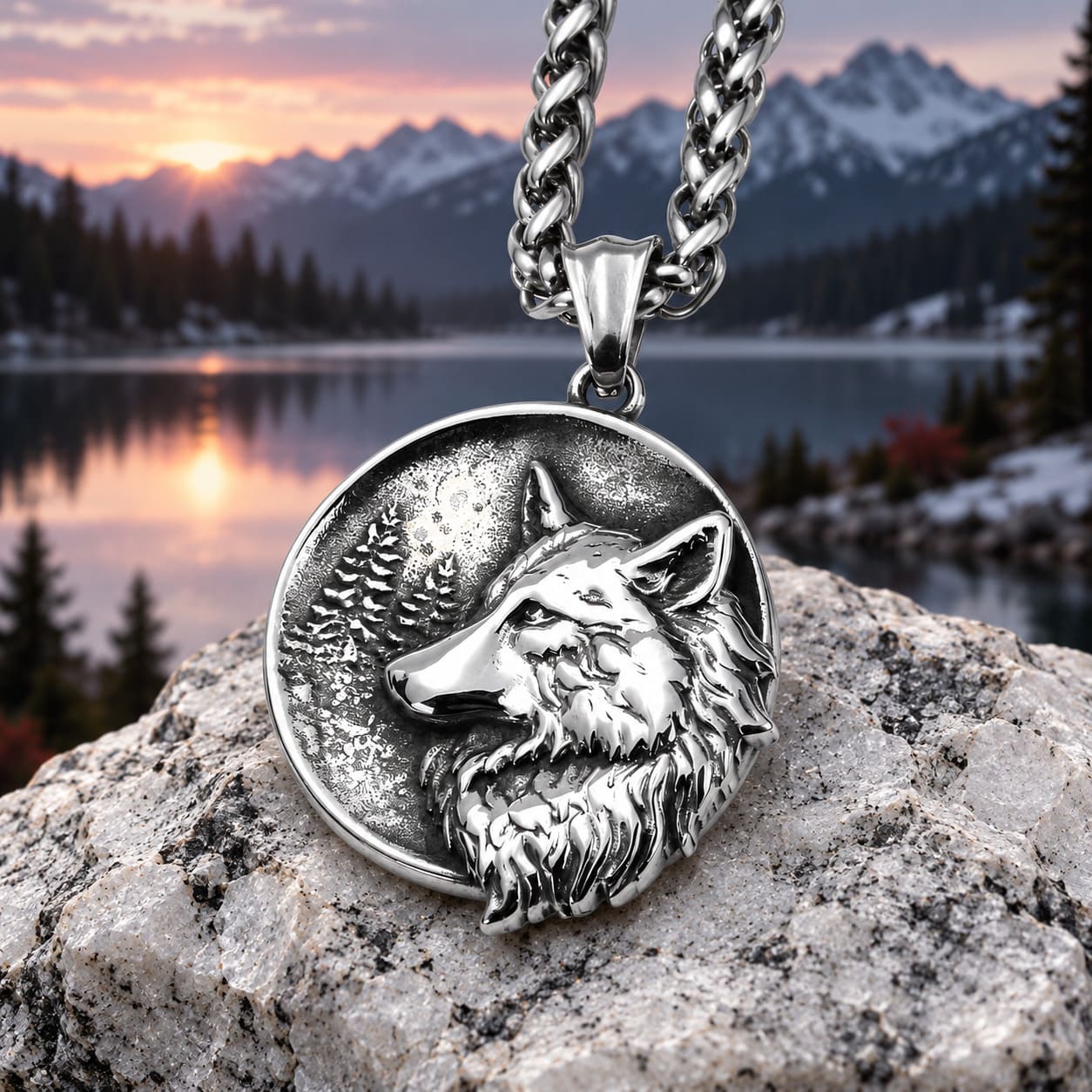 Pendentif Circulaire Tête de Loup et Foret