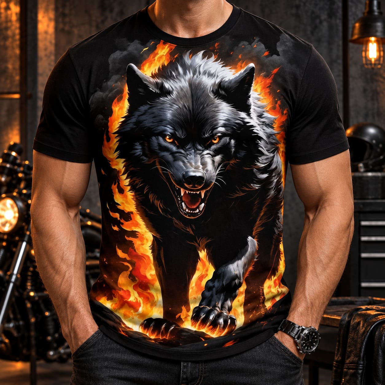 T-Shirt Loup et Flammes