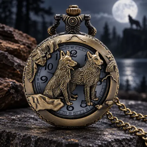 Montre à gousset dorée ornée d’un couple de loups, idée cadeau de Noël